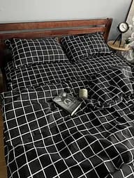 Постельное белье хлопковое Клеточка Полутораспальная 150 x 220 Бязь Черное 50 х 70