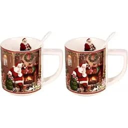 Чайний набір з ложками Новорічні подарунки кераміка у подарунковій коробці 280 мл Червоний 2 чашки