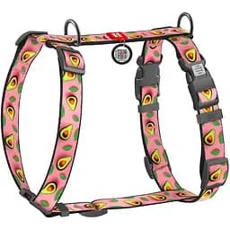Шлея для собак Waudog Nylon анатомічна H-подібна з QR-паспортом, малюнок "Авокадо на рожевому", пластиковий фастекс, M