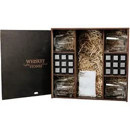 Подарунковий набір Whiskey Stones камені для віскі у дерев'яному пеналі №8 + 4 склянки Bormioli Rocco Selecta + щипці + мішечок