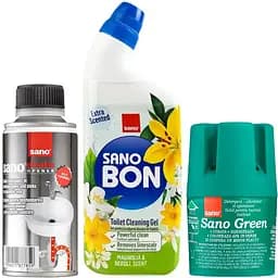 Набір для чищення унітаза "Все буде чисто": бачок для миття унітазу Sano Green зелений 150 г + гель для чищення унітазів Sano Магнолія-Неролі 750 мл + засіб для прочищення каналізаційних труб Sano Drain 200 г