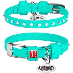 Нашийник для собак Waudog Glamour, шкіряний, зі стразами, з QR паспортом, XS, 19-25х0,9 см, ментоловий - мініатюра 3