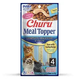 Лакомство Inaba Churu Meal Topper для кошек, кремовый мусс в стиках, с тунцем и морской расческой 4x14 г