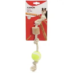 Игрушка для собак Camon кусок из кофейного дерева на веревке с теннисным мячом 28 см (AD703)