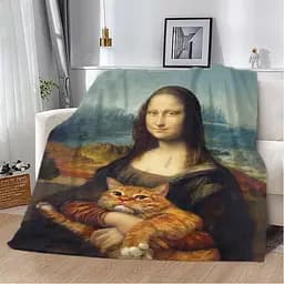 Плед плюшевий м'який 3D Мона Ліза та Рудий кіт 160х200 см