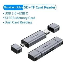 Зчитувач флеш-карт Vention USB 3.0 AM/USB-C to SD+TF Gray Dual Drive Letter Aluminum Alloy (CLLH0) - мініатюра 3