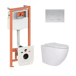 Подвесной унитаз Qtap Robin + инсталляция Qtap Nest 4 в 1 (круглая клавиша Satin), Белый