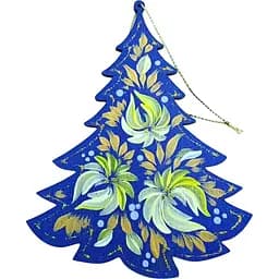 Крафтова новорічна прикраса Підвіска ялинка дерев'яна розписана вручну 13.5х10х0.4 см