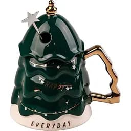 Керамічна чашка Різдвяна ялинка з кришкою та паличкою для розмішування 460 мл Зелений