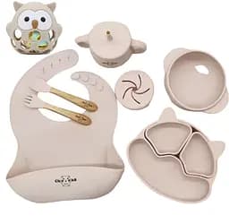 Набір силіконового дитячого посуду Cheeks для прикорму на присосках із харчового силікону бежевий з гризунком прорізувачем-брязкальцем 