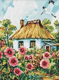 Алмазна мозаїка на підрамнику Мальви біля хати 30x40 см AMO8266