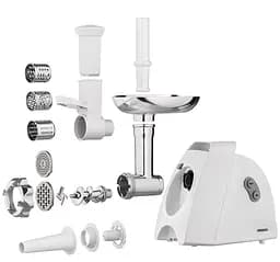 М'ясорубка Ardesto MGK-1900, White, 1900Вт, 1.8 кг/хв, 3 диски для помелу, насадка для домашніх ковбасок та кеббе, 4 насадки для терки та шатківниці, реверс