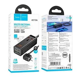 Сетевой фильтр удлинитель HOCO AC-10A 1x220V+2хUSB+ 2хType-C 65W, 1.5м, 220В, Black - мініатюра 5
