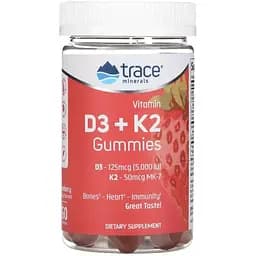 Вітамін D3 + K2 Trace Minerals Gummies зі смаком полуниці 60 цукерок