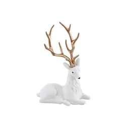 Декоративна новорічна фігура Олень 20см сидячий з флоковим покриттям та глянсовими рогами Білий із золотим