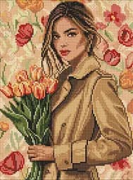 Набор с алмазной мозаикой на подрамнике Девушка в пальто с тюльпанами Ideyka AMO8221, 30x40 см