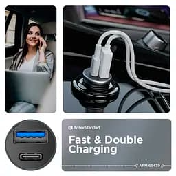 Автомобільний зарядний пристрій 20W в прикурювач з підтримкою QC3.0 та Power Delivery, виходи USB та Type-C, в комплекті кабель USB-C, швидка зарядка для телефону та планшета, ArmorStandart (ARM82461) - мініатюра 3