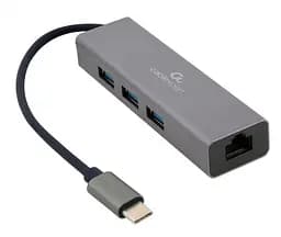 Мережевий адаптер USB Cablexpert A-CMU3-LAN-01, с USB-С на Gigabit Ethernet, 3 Ports USB 3.1 Gen1 (5 Gbps), 1000 Mbps, метал, сірий