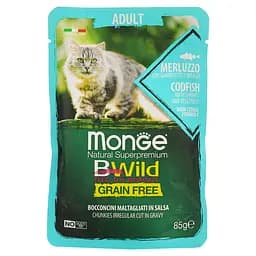 Влажный корм для кошек Monge Cat Вwild Gr. Free Wet Adult треска с креветками и овощами 85 г