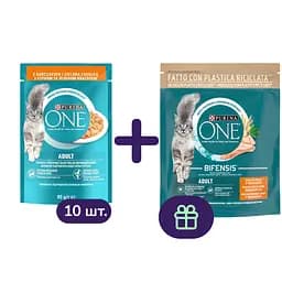 Упаковка влажного корма для кошек Purina One Adult с курицей и зеленой фасолью 850 г (85 г х 10 шт.) + Сухой корм Purina One Adult комплекс Bifensis с курицей 450 г в подарок