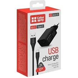 Сетевое зарядное устройство ColorWay 1USB AUTO ID 2A (10W) + cable Type C USB Black