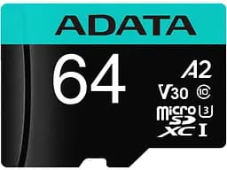 Карта пам'яті ADATA microSDXC (UHS-1 U3) Premier Pro 64Gb Class 10 V30S A2 (R-100Mb/s W85Mb/s) (AUSDX64GUI3V30SA2-RA1)