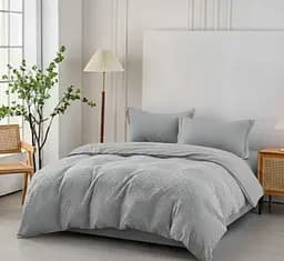 Комбинированное муслиновое постельное белье Primavara в цвете Светло-серый Евро с простыней на резинке