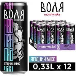 Упаковка енергетичного напою Моршинська Воля Енерджі Ягідний мікс середньогазований 3.96 л (0.33 л x 12 шт.) - мініатюра 7