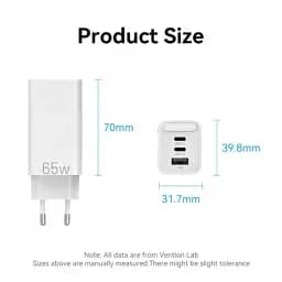 АЗП Vention 3-port USB(C+C+A) GaN Charger(65W/30W/30W) FEDW0-EU - мініатюра 4
