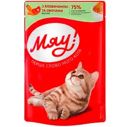 Корм консервированный Мяу! Желе с говядиной и овощами полнорационный для взрослых котов 85 г