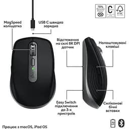 Комп'ютерна мишка Logitech MX Anywhere 3S для MAC Wireless Space Grey (910-006947) - мініатюра 3