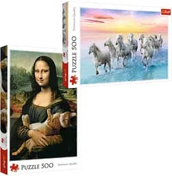 Набор Пазлы - (500 + 500 элм.) - "Лошади скачут по пляжу" + "Мона Лиза и дремлющий котенок"