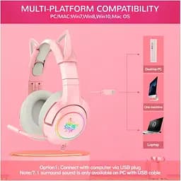 Накладні навушники Onikuma Gaming CAT with LED K9 7.1, USB, 2x3.5mm, 2.2m, pink - мініатюра 6