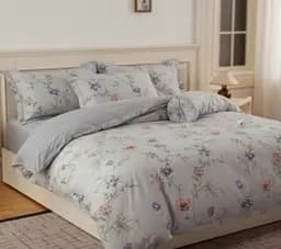 Постельное комбинированное белье Страйп сатин с цветочным принтом Серый полуторный двухсторонний комплект