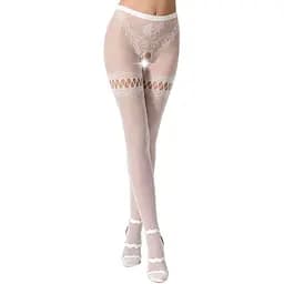 Еротичні колготки-бодістокінг Passion S015 white імітація панчох у сіточку та трусиків з доступом S/M/L