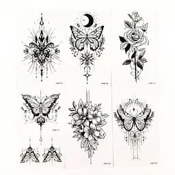Набор временных тату Бабочки и цветы №3 black-tattoo-mini-set-f03 из 6 черных по 9,5 х 5,5 см