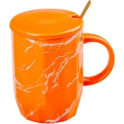 Чашка керамічна Happy Life з кришкою та ложкою Мармур помаранчева 420 мл HPCY8312O