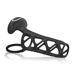 Вібронасадка на пеніс та мошонку Black Velvets Penis Sleeve (14,2 х 3,5 см) — силіконова подовжуюча насадка з магнітною зарядкою