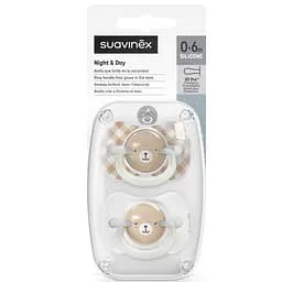 Пустушка фізіологочна нічна Suavinex Night and day набір: 2 шт., 0-6 місяців бежева з малюнком (309096)