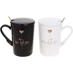 Набір фарфорових кухлів з кришкою та ложкою BonaDi Love You 380 мл 2 шт білий та чорний (927-220)