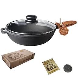 Сковорода Наша майстерня чавунна лита з дерев'яною ручкою зі скляною кришкою 24х6 см (Т304С3)