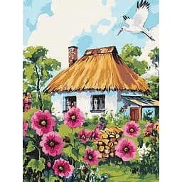 Картина за номерами Мальви біля хати Ideyka KHO6407, 30x40 см
