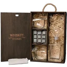 Подарочный набор Whiskey Stones камни для виски в деревянном пенале №7 + декантер и 2 стакана Pasabahce + щипцы + мешочек