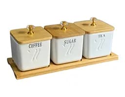 Набор банок 3 шт с крышками и бамбуковым подносом для хранения сыпучих 300 мл Белый