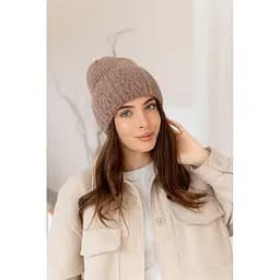 Женская зимняя шапка Лили Травка из ангоры 80% с узором и флисовой подкладкой Светло Коричневый