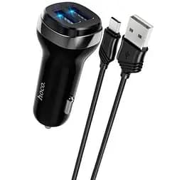 Автомобильное зарядное устройство АЗУ 12-24V HOCO Z-40+ кабель Lighting, 2xUSB, 2.4A, кабель 1м, Black - мініатюра 1