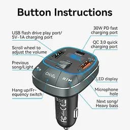 Автомобільний FM-трансміттер Vention PD 54W 3-Port USB (C+A+A) LED/USB Flash/Bluetooth, вольтметр - мініатюра 8