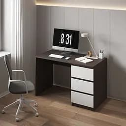 Комп'ютерний стіл Vays, письмовий, сучасний, з тумбою справа, 3 шухляды з фасадами без ручок R-1 Венге Темний-Білий фасад