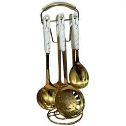 Набір кухонного приладдя на підставці з нержавіючої сталі 6 предметів Золото з білим
