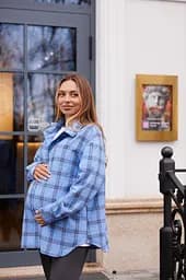 Жіноча сорочка для вагітних стилю oversize в клітинку для майбутніх мам Siena XXL - 3XL (50 - 52) Lullababe блакитний - мініатюра 3